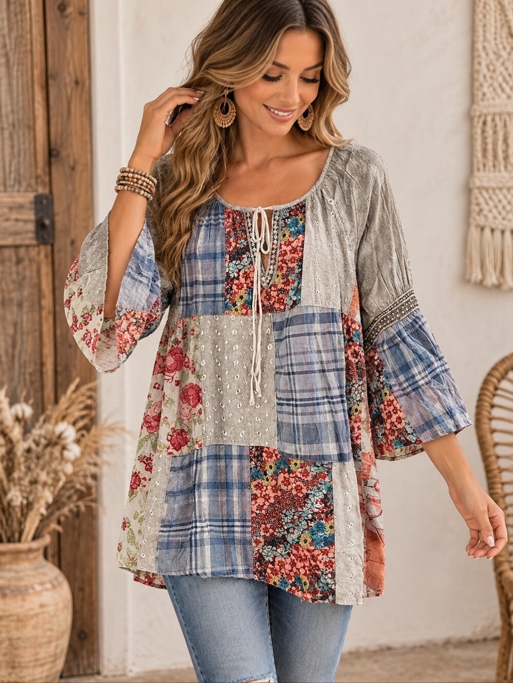 🌵607.Boho Patchwork Peasant Tunic - Gray Multi